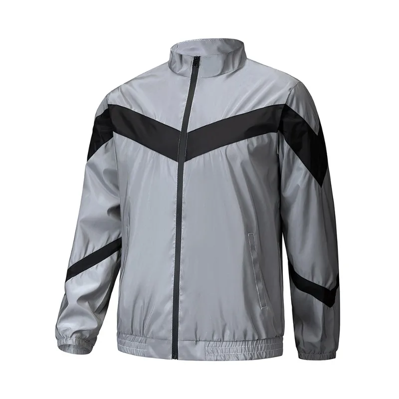 

Grey Reflection Jacket Men's Fashion Stand Collar Color Blocking Jacket Spring Autumn Casual Top Trendy Hip-hop Dance Streetwear