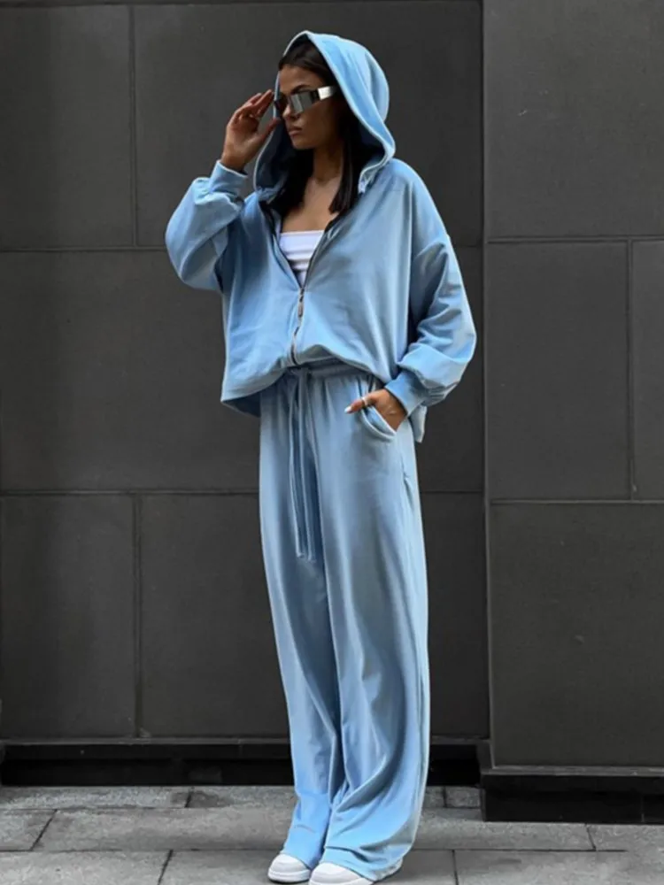 

Velvet Sweatshirt Winter Women Suit Loose Zipper Hoodie + Wide Leg Pant Two Piece Set Drawstring Pocket Trouser Outfits 2024 New