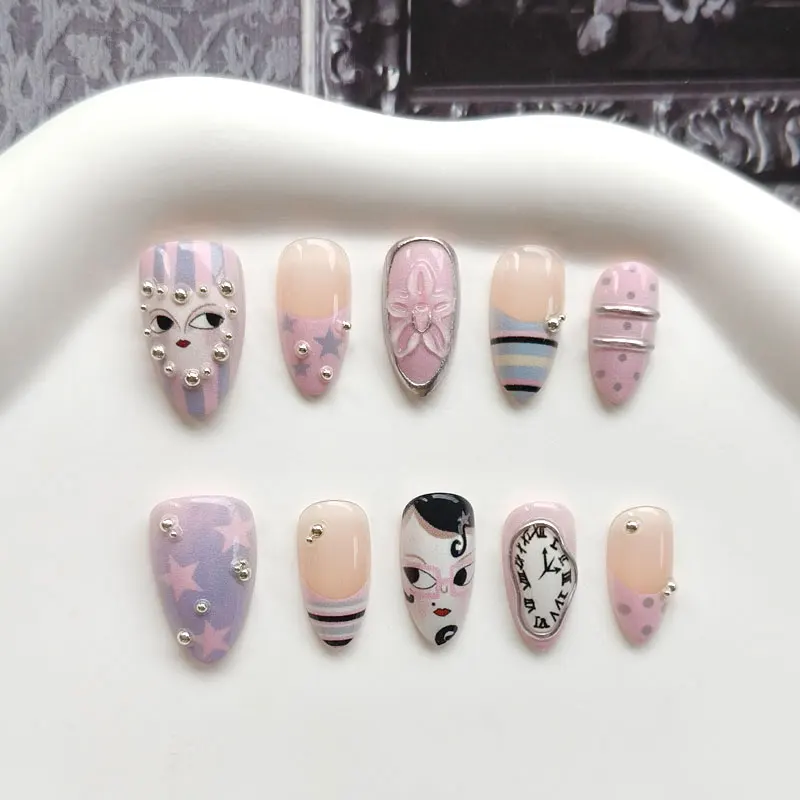 10Pcs  Y2k Pink Almond Press on Nails Abstract Cartoon Face Clock 3D Flowers Metal Rhinestone French Fake Nails Sweet Star Nails