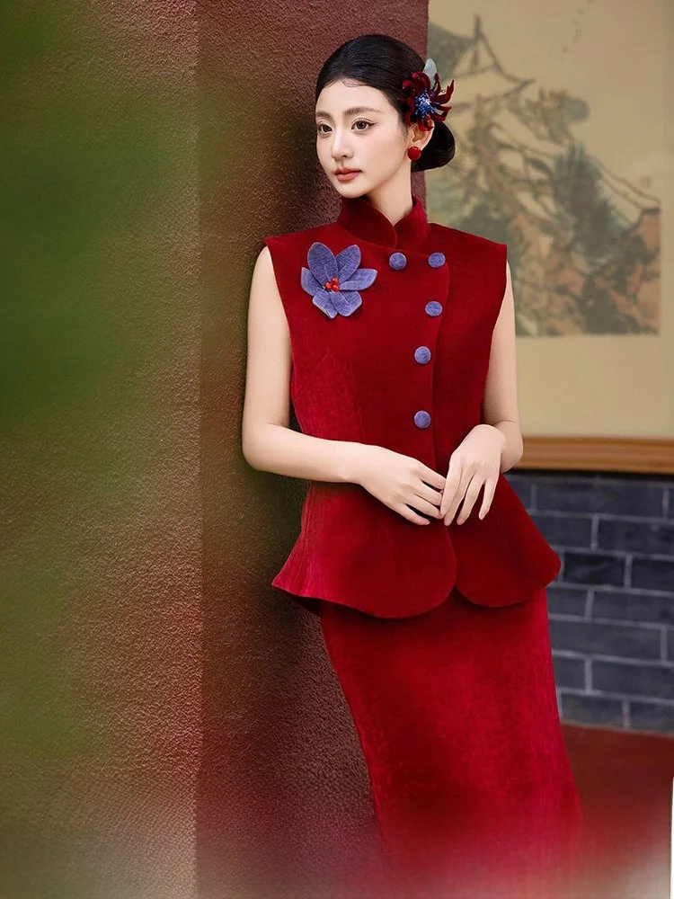 

New Chinese Style Morning Robe Women's Red Two-Piece Set Engagement Bride Return Door Custom-Made Wedding Dress