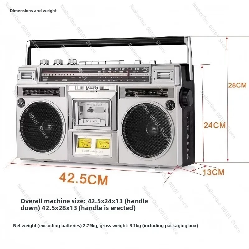 

Portable Cassette Player Bluetooth Boombox Stereo Radio Dual Speakers High Power Sound FM Tuner Retro