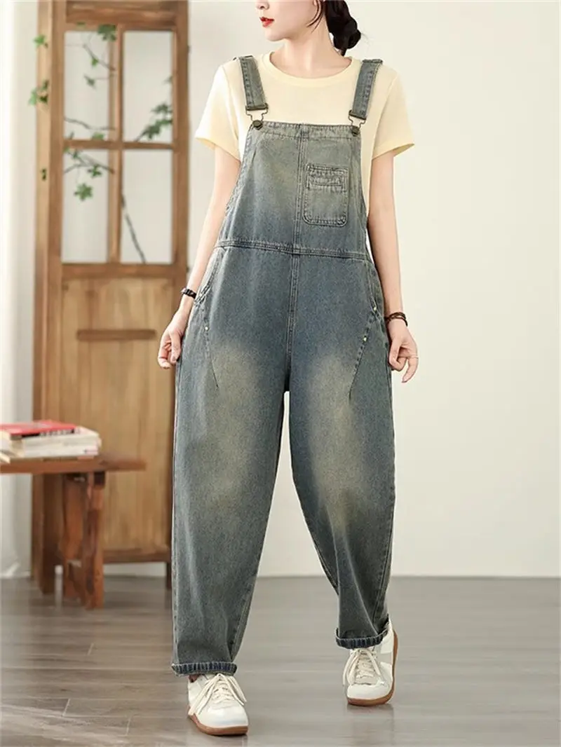 2026 Summer Women's Denim Overalls | Retro Loose Slimming Harem Jumpsuit | Vintage One-Piece Pants Strap Jeans G526