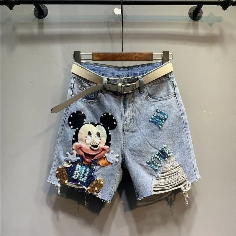 Disney Cartoon Mickey Stickers Beads Holes Denim Shorts Women's Trend Versatile Light Colored Jeans Korean Version Unique Shorts