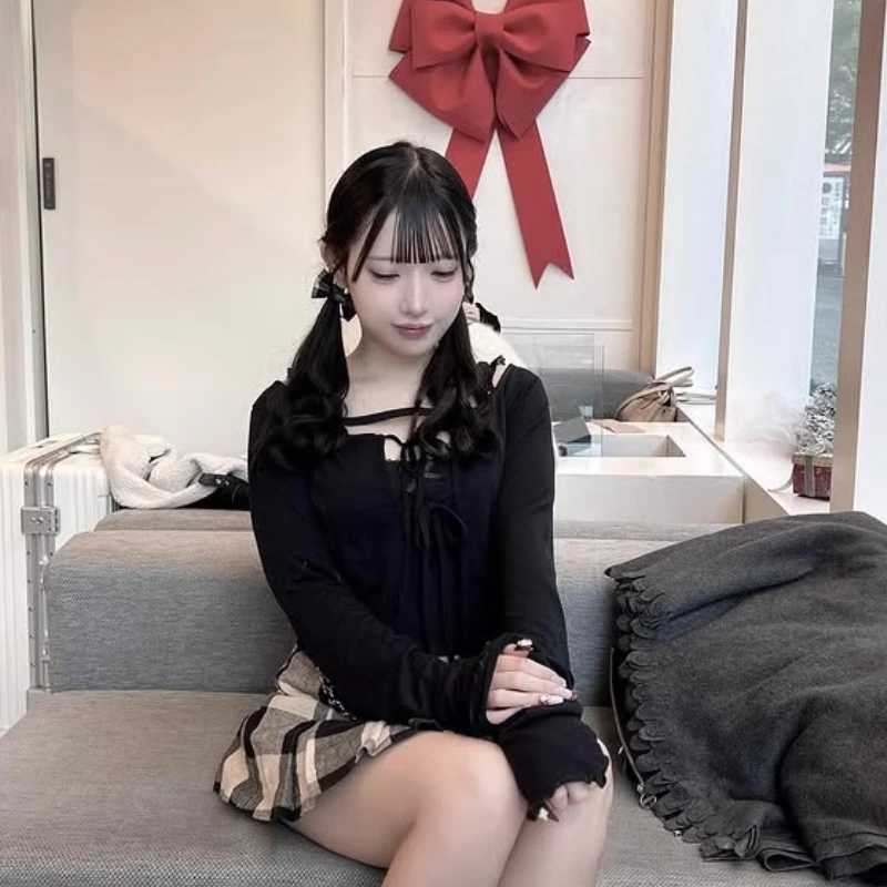 ญี่ปุ่นสีเทาถักเสื้อสเวตเตอร์ถัก Camisole ชุดสตรีฤดูใบไม้ผลิและฤดูร้อนใหม่น่ารัก Bow LACE-up Ruffle EDGE ถัก TOP Mujer