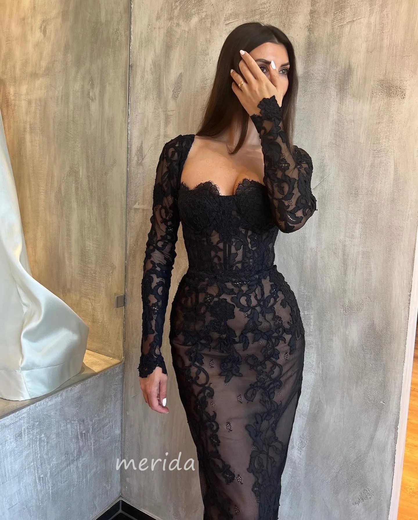 Merida Lace Cocktail Dress Sexy Black Prom Dress Wedding Evening Party Dress Mermaid Long Sleeve Special Occasions Dress 2024