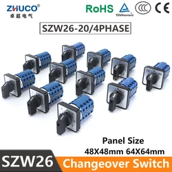 ZHUCO SZW26/LW26-20 4 Poles 16 Screw Terminals 20A 660V 64X64/48X48 mm Panel Power Knob Selection Cam Rotary Changeover Switch