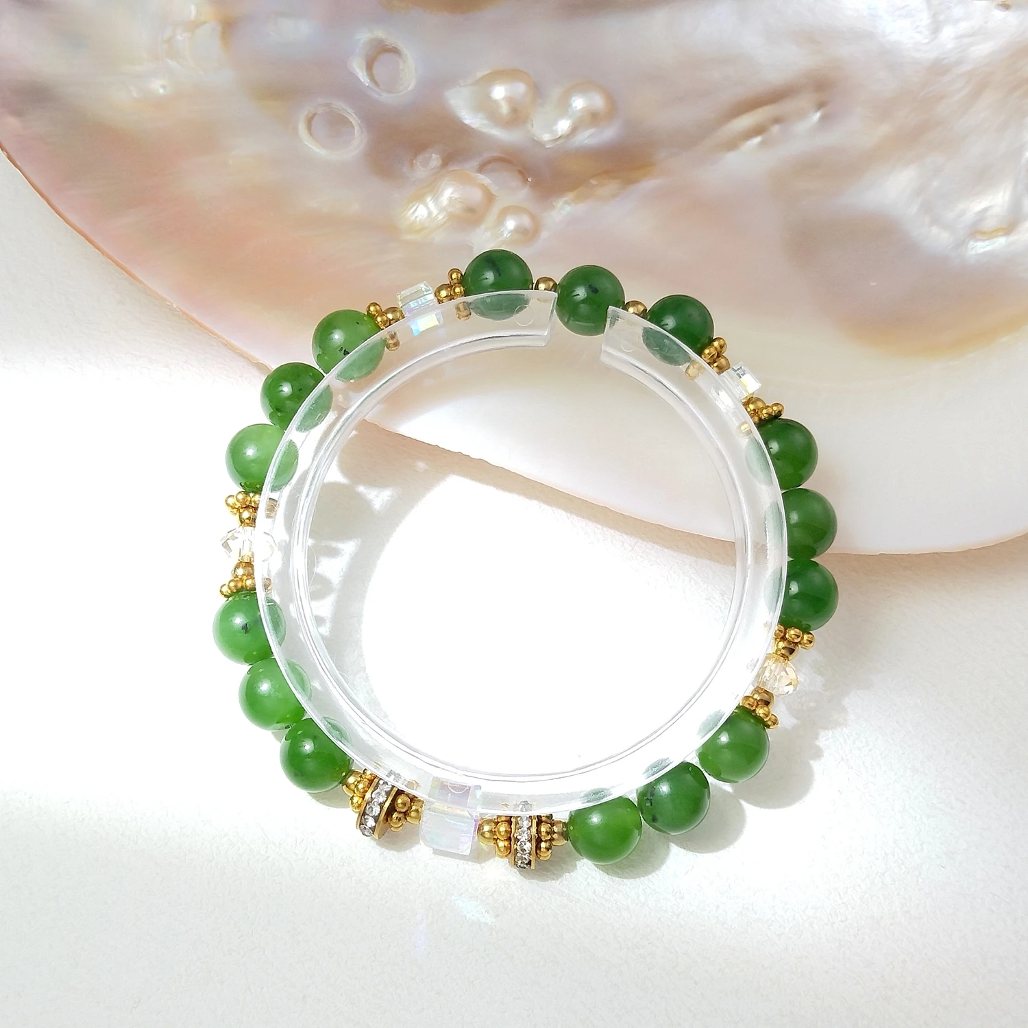 Lii Ji Natural Stone Burma Jade / Hetian Jade / Green Jade 8mm With Crystal Stainless Steel Elastic Bracelet