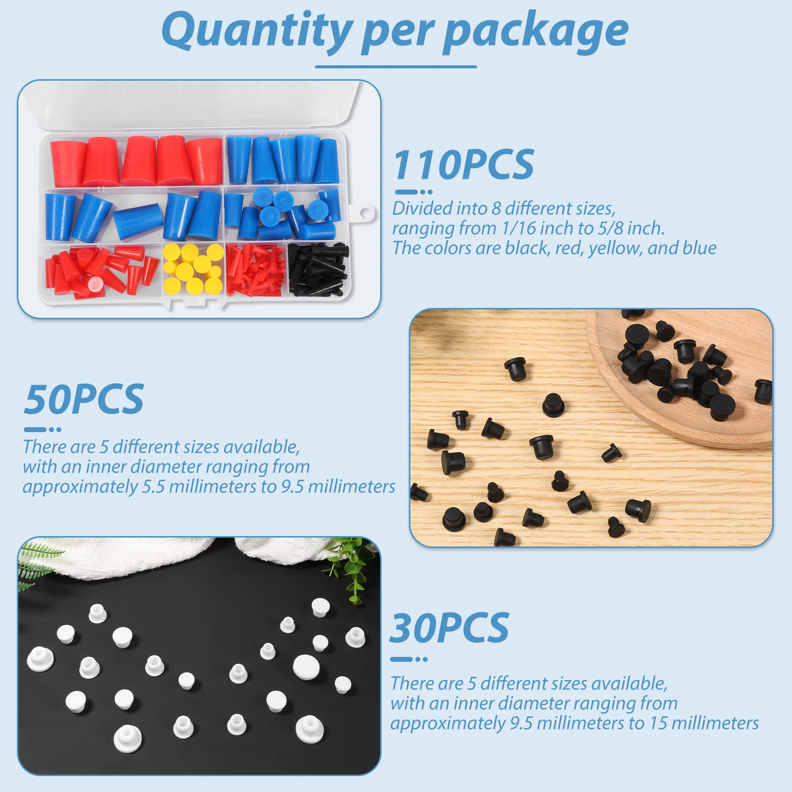 190pcs Silicone Rubber Plug Assortment Set For Hole Plugs Sealing Tapered Stopper Plug Conical Powder Coating HighTemp Resistant