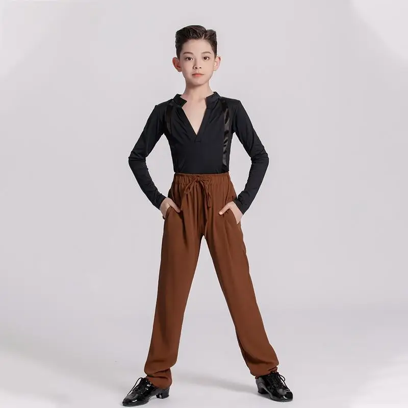 Nouveau pantalon de danse latine à lacets pour enfants marron pantalon d'entraînement de danse rumba cha samba pour garçons tube droit polyvalent danse latine par