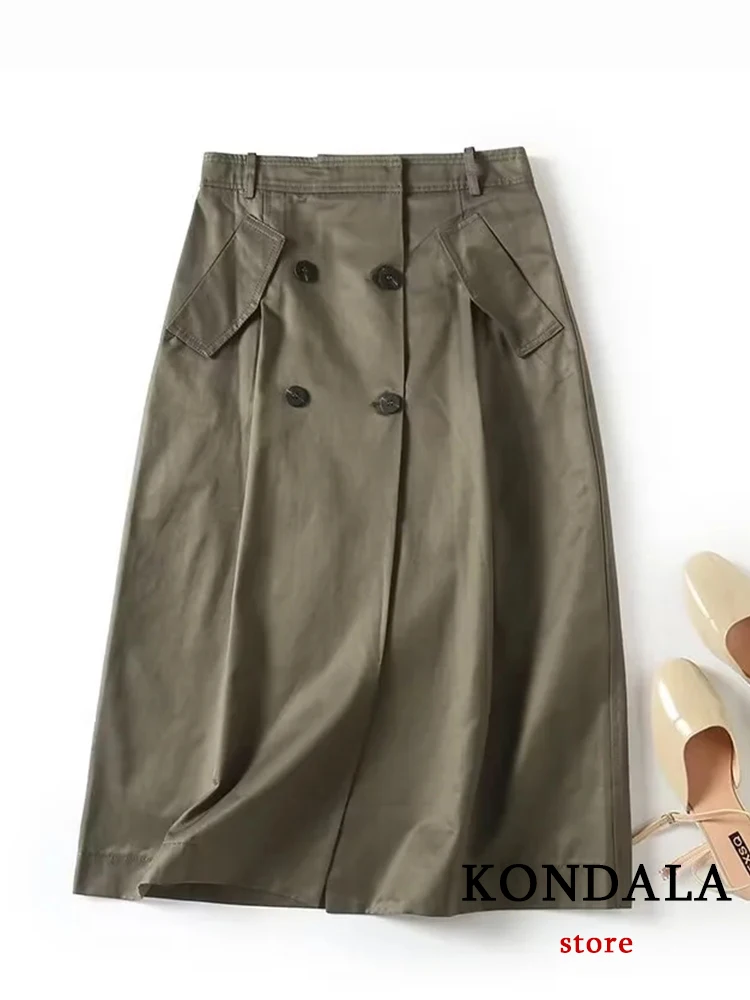 KONDALA Chic Solid Army Green Streetwear Long Skirt Fashion 2023 Autumn Y2K Casual Button Cool A Line High Street Luxury Skirt