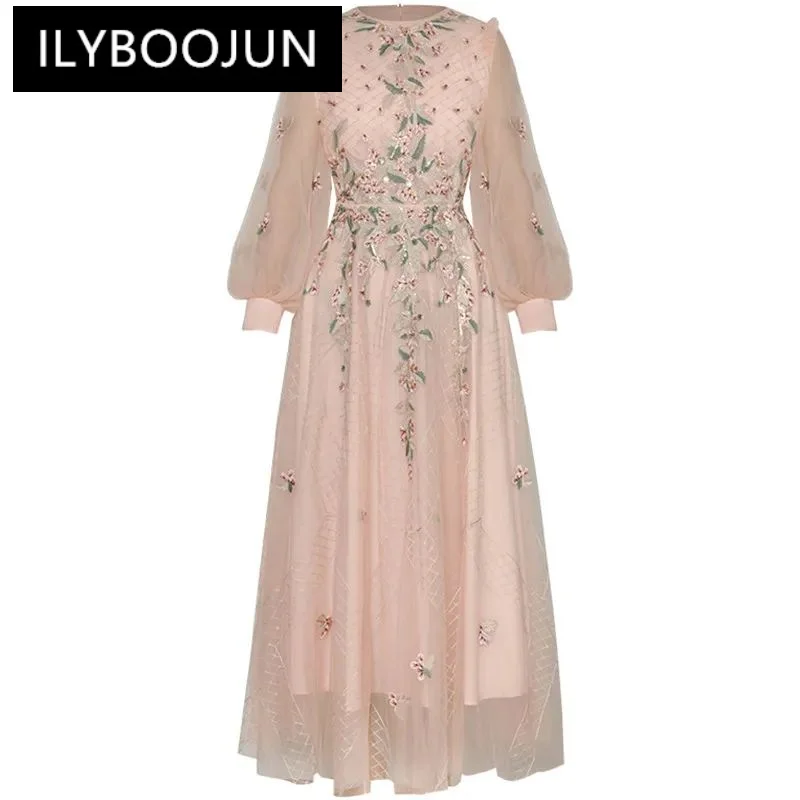 

Осеннее модное дизайнерское элегантное Сетчатое платье ILYBOOJUN, женское праздничное облегающее длинное платье с вышивкой и рукавами-фонариками и высокой талией