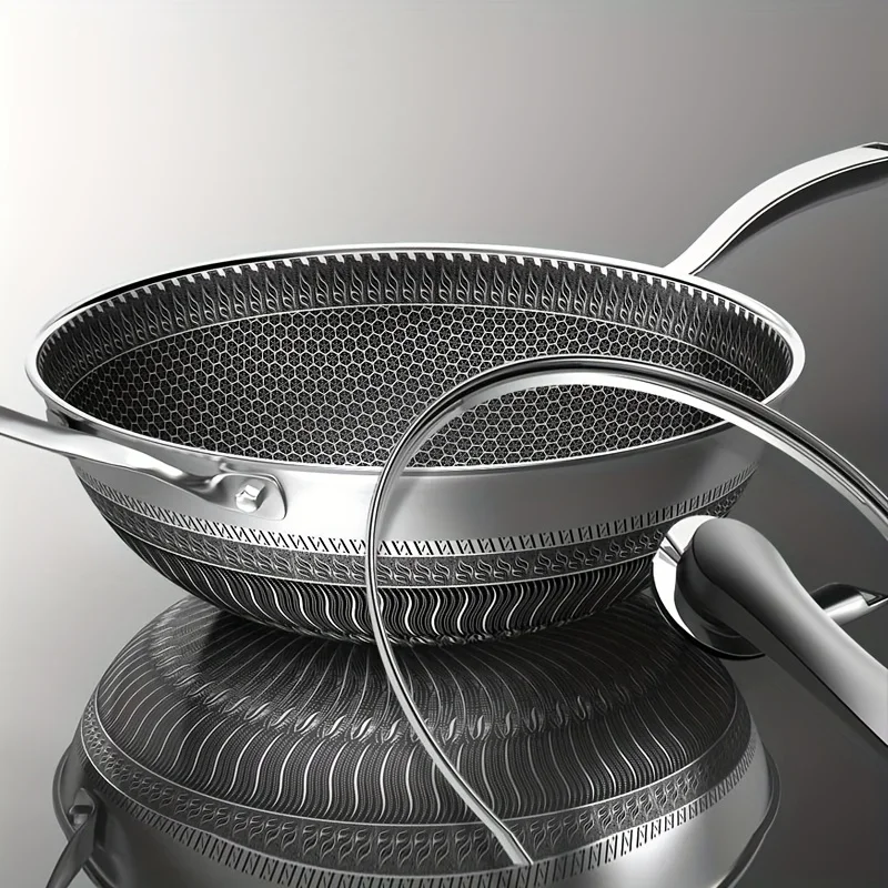 Wok antiadherente de acero inoxidable de 13,3 pulgadas con tapa y 2 accesorios de cocina, diseño de panal de abeja, sartén para cocinar en casa, cocina de inducción, estufa eléctrica de cerámica y utensilios de cocina