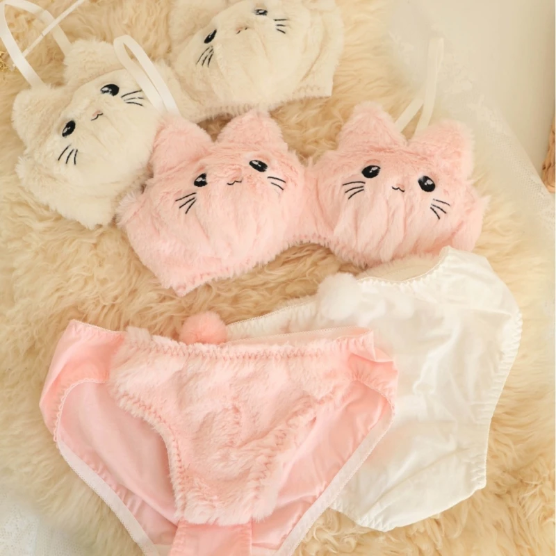 Funny Cats Underwear Set Faux Furs Bra Top and Panty Plush Lingerie Set Cartoon Lovely Bra Set Holiday Gifts for Womens