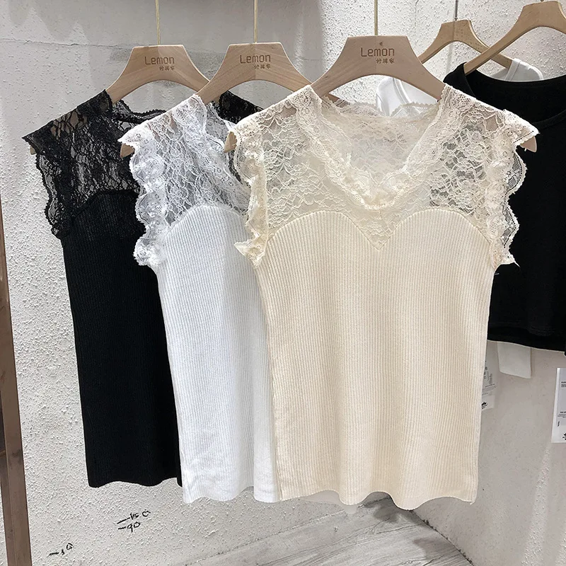 Summer Women's Lace Splice Knitted Sleeveless Base Shirt Slim Fit Versatile Indoor Outdoor Wear Sweet Style Hollow out Polyes...