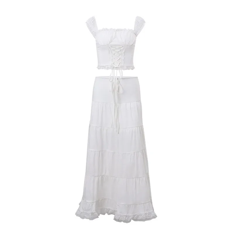 Square Neck Lace Trim Crop Top Low-waist Draw-string Long Skirts 2 Piece Set Women Summer Cross Tie Strap Vest Slim Skirt Set