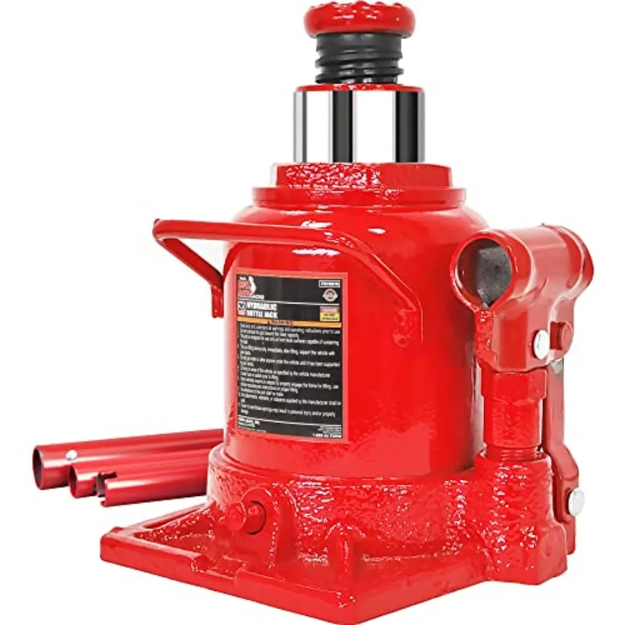 

Hydraulic stubby low profile welded bottle jack for industrial use, steel construction, red, 20 ton capacity and compact design