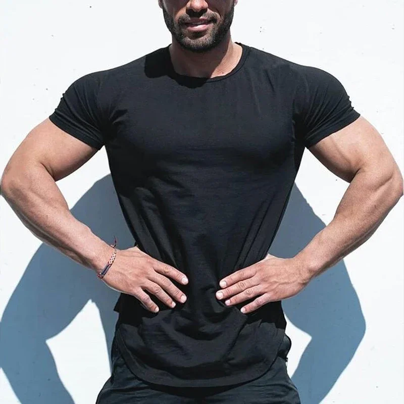 

Plain Clothing Fashion T-Shirt Men Cotton Breathable Fitness Men Short Sleeve Gym Summer Tight Tee Homme Casual and Comfortable