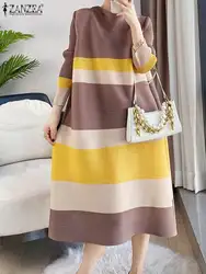 Vintage Striped Contrast Color Vestido ZANZEA Womens Dress Casual Round Neck 3/4 Sleeve Baggy Dress Holiday Party Midi Dress