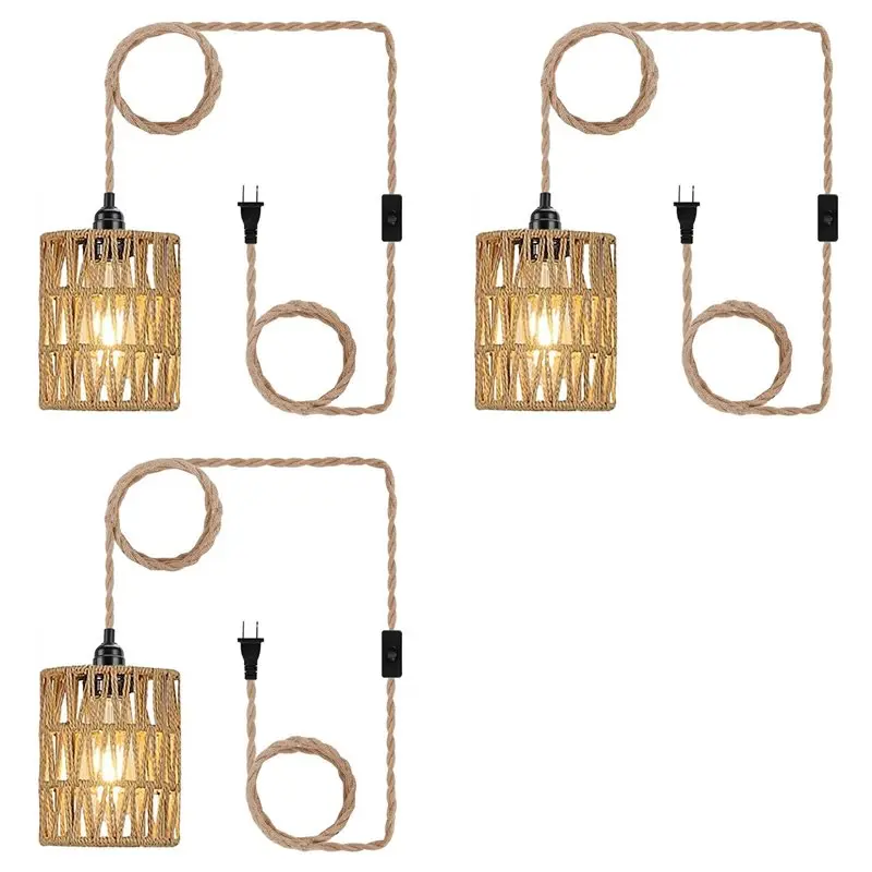 3X Boho Plug In Pendant Light, Hanging Light With Plug In Cord, Ceiling Lamp Rattan Cylinder Lamp Shade Switch US Plug