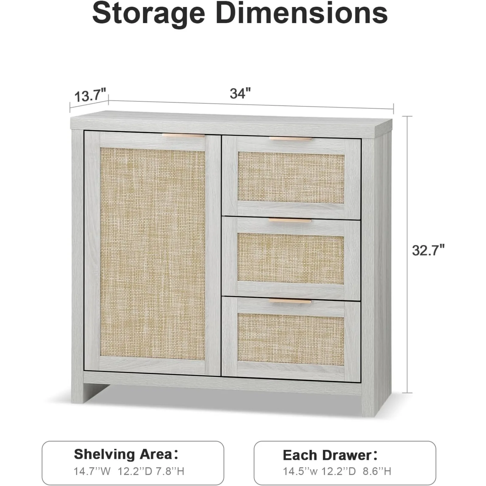 US Set, Rattan Sideboard Buffet Cabinet with 3 Doors and 3 Drawers, 65.4