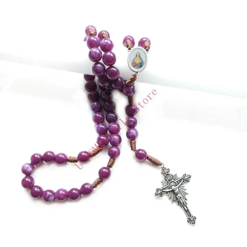 63HF Vintage Rosary Catholic Prayer Beads Necklace Christ Jesus for Cross Pendant Necklace Beaded Religious Jewelry Gift