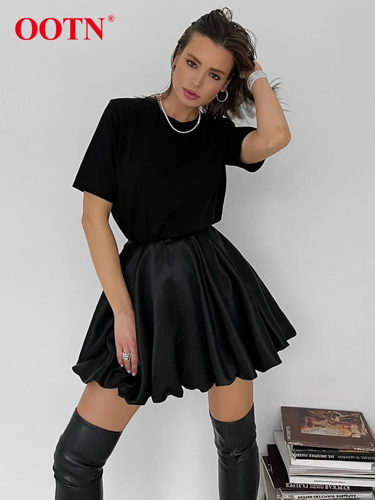 OOTN Street Chic Black A Line Skirts Female Sexy Satin High Waist Skirts Fashion Basics White Slim Mini Skirt Women 2023 Autumn