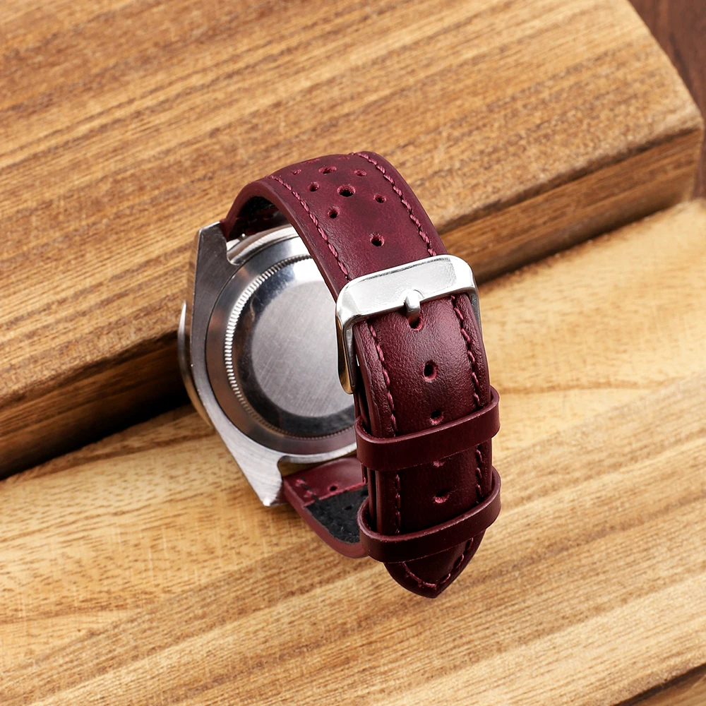 20mm Handmade Watch Strap Breathable Watchbands for Women Men Watch Band Bracelet Replacement Belt Wine Red