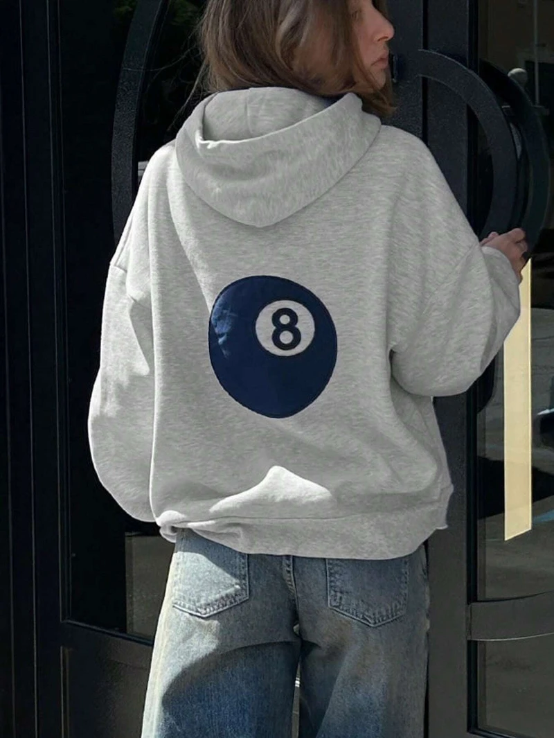 Autumn Hoodies No.8 Ball Pattern Printing Sweatshirts Warm Fleece Comfortable Pullovers Fashion Pocket Loose Female Clothing