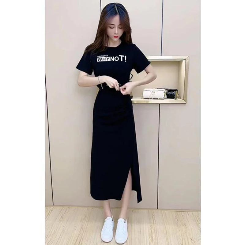 2023 Summer New Suit Women\'s Korean Letter-printed Short-sleeved T-shirt Medium and Long Slit Two-piece Set New in Matching Sets