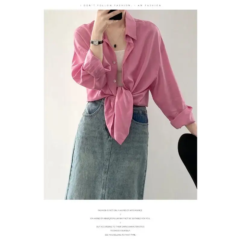 Women Shirt Thin Sky Silk Sunscreen Loose and Slimming Casual Long sleeved Shirt 2024 Spring New Casual Tops