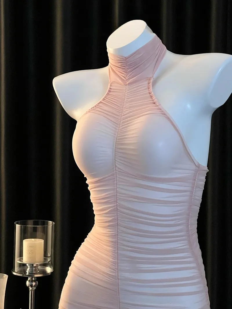 Süßer und reiner durchsichtiger Neckholder-Faltenrock, vollständig transparente Tüll-Dessous für Frauen, romantisches und verführerisches kurzes Kleid
