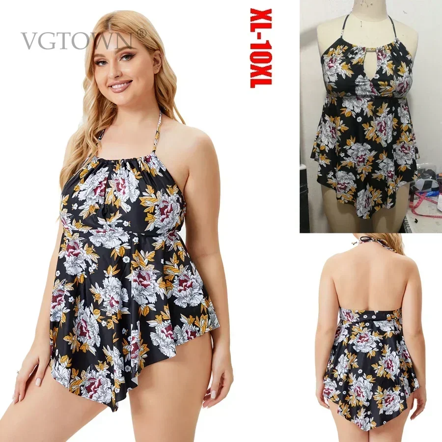 New Plus Size 8XL 10XL Women Swim Dress Halter Printed Floral Two Pieces Swim Dresses Big Size Bathing Suit Femme Swimwear