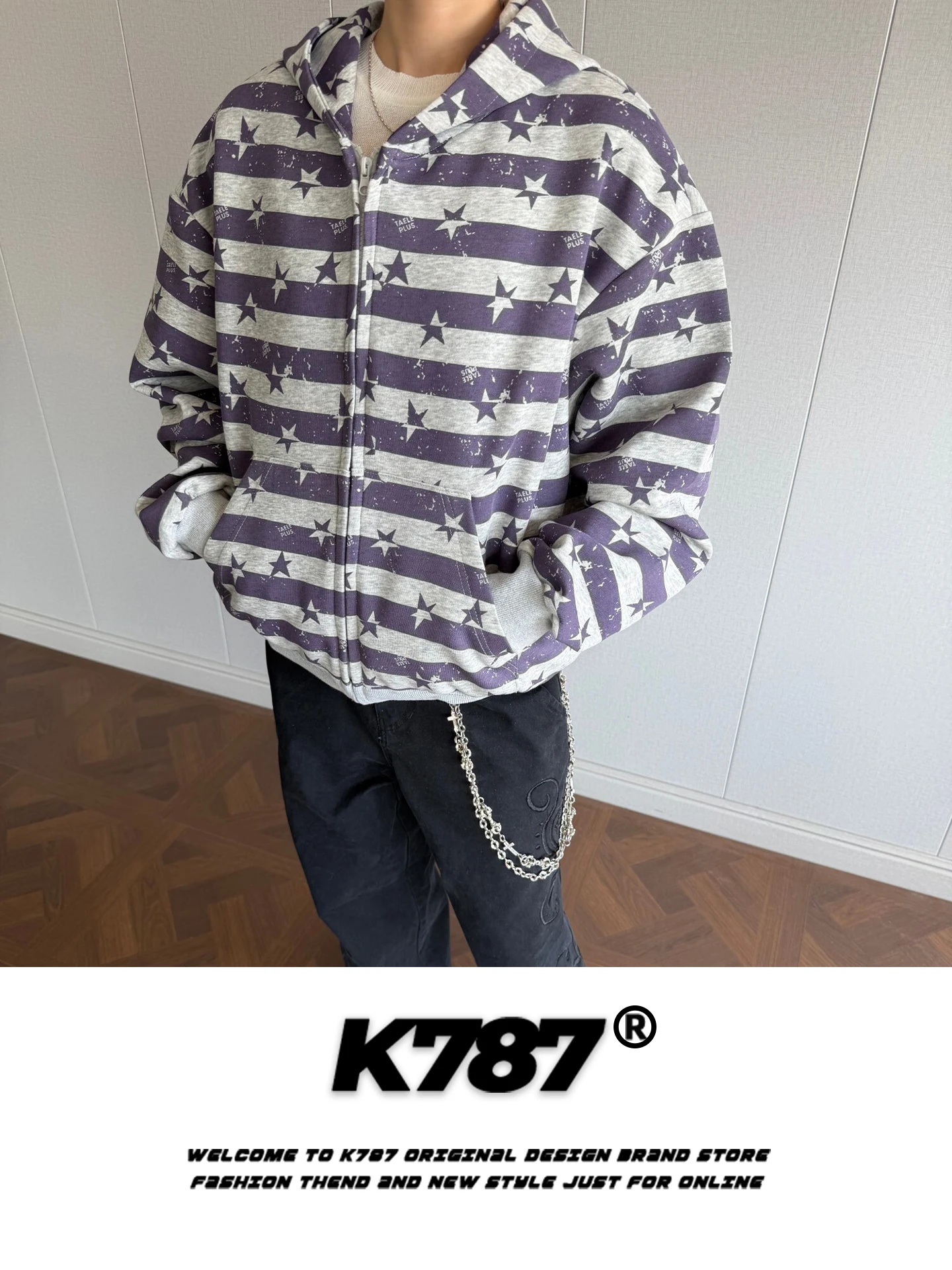 

K787 American Retro Striped Hoodie Jaet Loose Casual ex Zipper Hooded Sweatirt Youth Faion Autumn Spring Wear