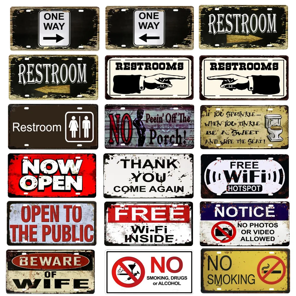 OPEN/CLOSED Free WIFI License Plate Store Wall Decor Restrooms Tin Sign Vintage No Smoking WC Metal Sign Painting Plaques Poster