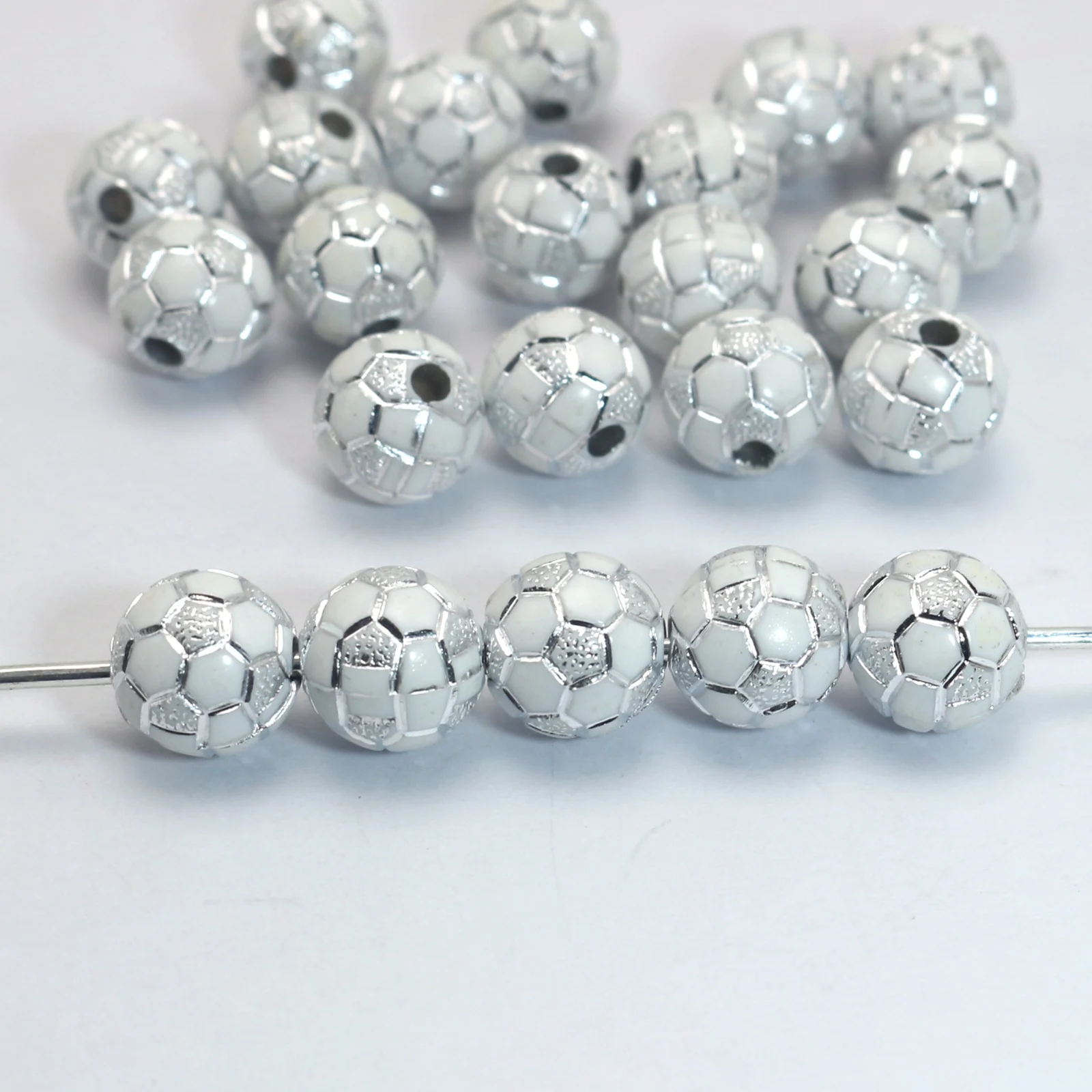 100 White Sparkling  Football Soccer Pattern Acrylic Round Beads 10mm