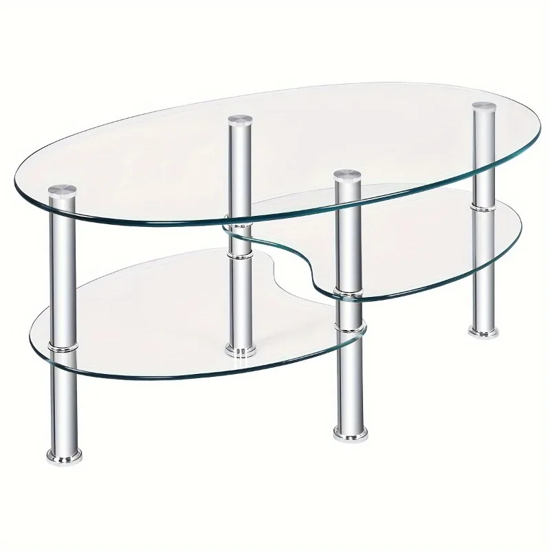 1pc Chic Oval Tempered Glass Coffee Table with Chrome Base, Sleek Side Table with Shelf, Durable & Clear Finish for ModernLiving