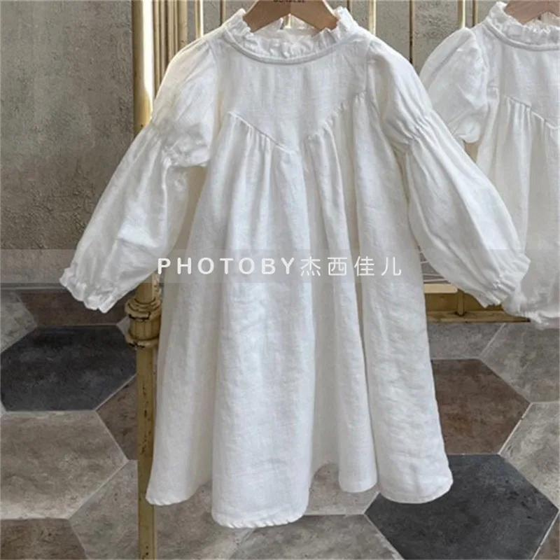 Dress Full Sleeve Knee Length Pullover A-line Solid Regular Cotton New Fashion Simple Sweet Spring Autumn Children Girls