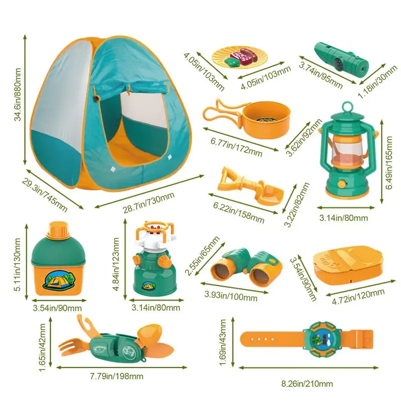 Ensemble de jouets de camping pour enfants avec tente, comprend une tente de jeu, équipement de camping, outils d'aventure, 21 pièces