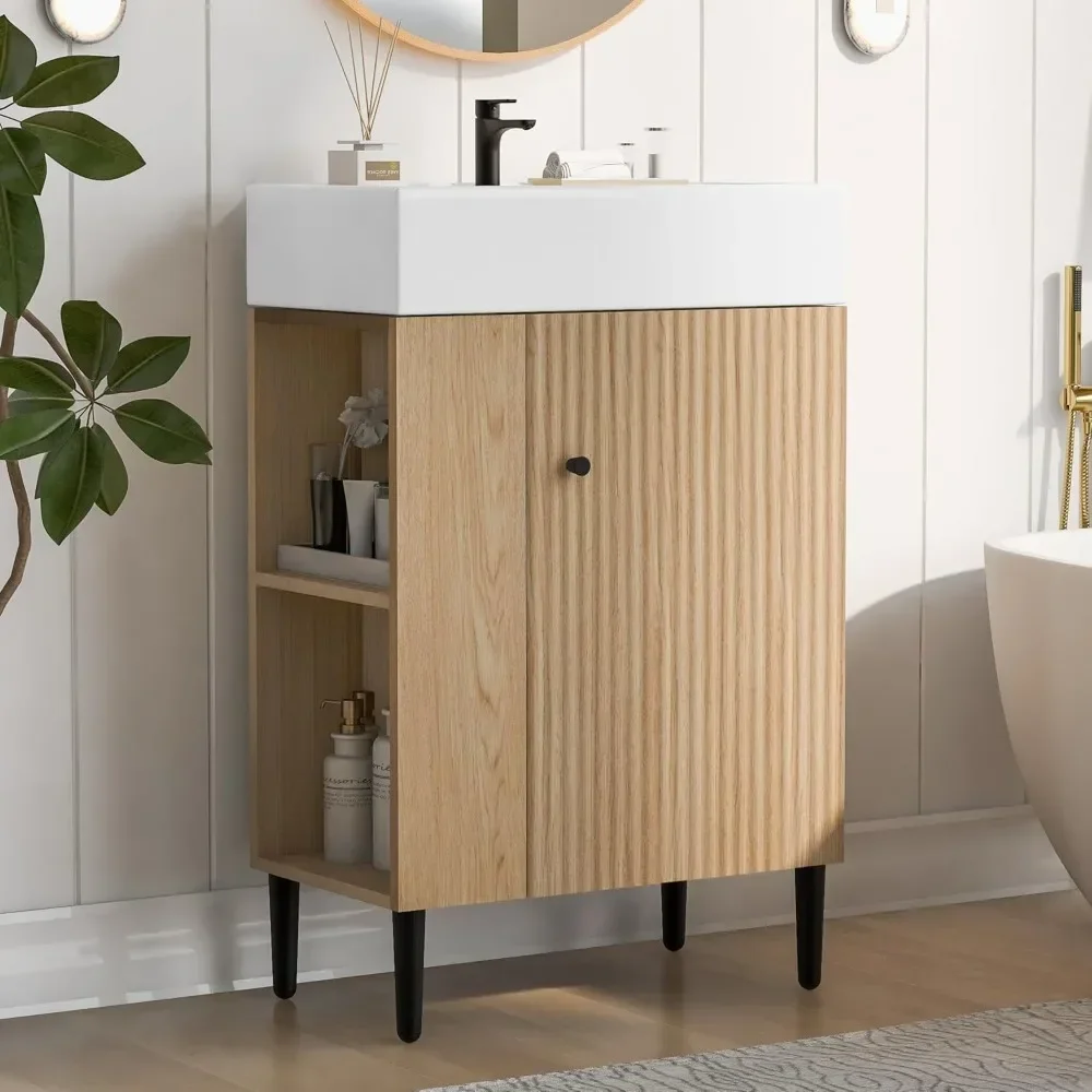 

​​"21.6" Small Bathroom Vanity w/ Sink - Narrow Freestanding Solid Wood Design w/ Door & Left Shelf"