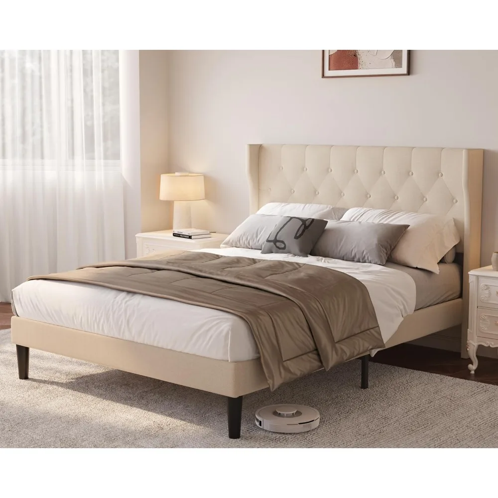 

Full Size Bed Frame with Button Tufted Wingback Headboard, Upholstered Platform Bed Frame, Wood Slat Support, No Box Spring Need
