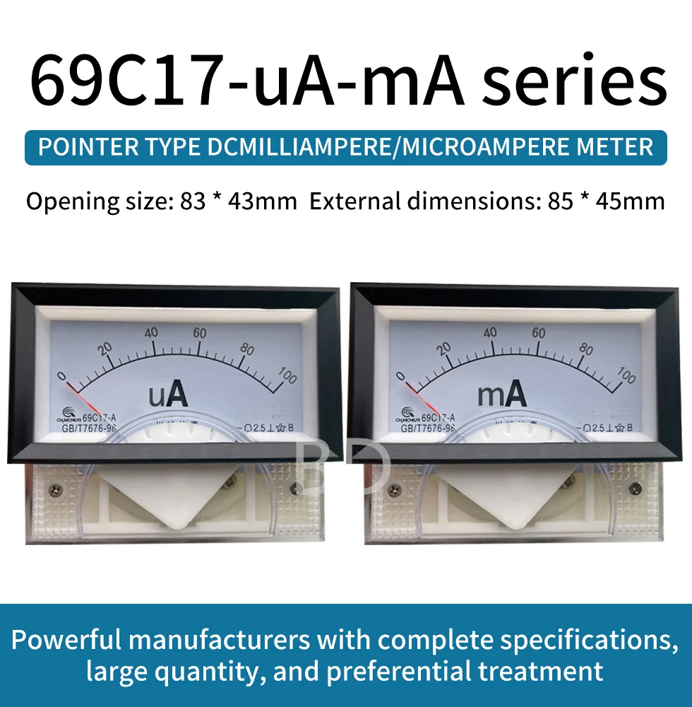 69C17 Pointer Microammeter with Shunt Current Meter 85*46MM Amperimetro50uA 100UA 200UA 300UA 500UA