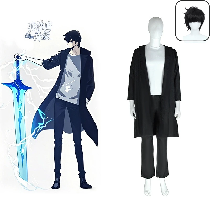 

Anime Solo Anime Leveling Cosplay Costume Jin Woo Sung Costume Black Hooded Coat Man Uniform Shirt Wig Anime for Campus Stage