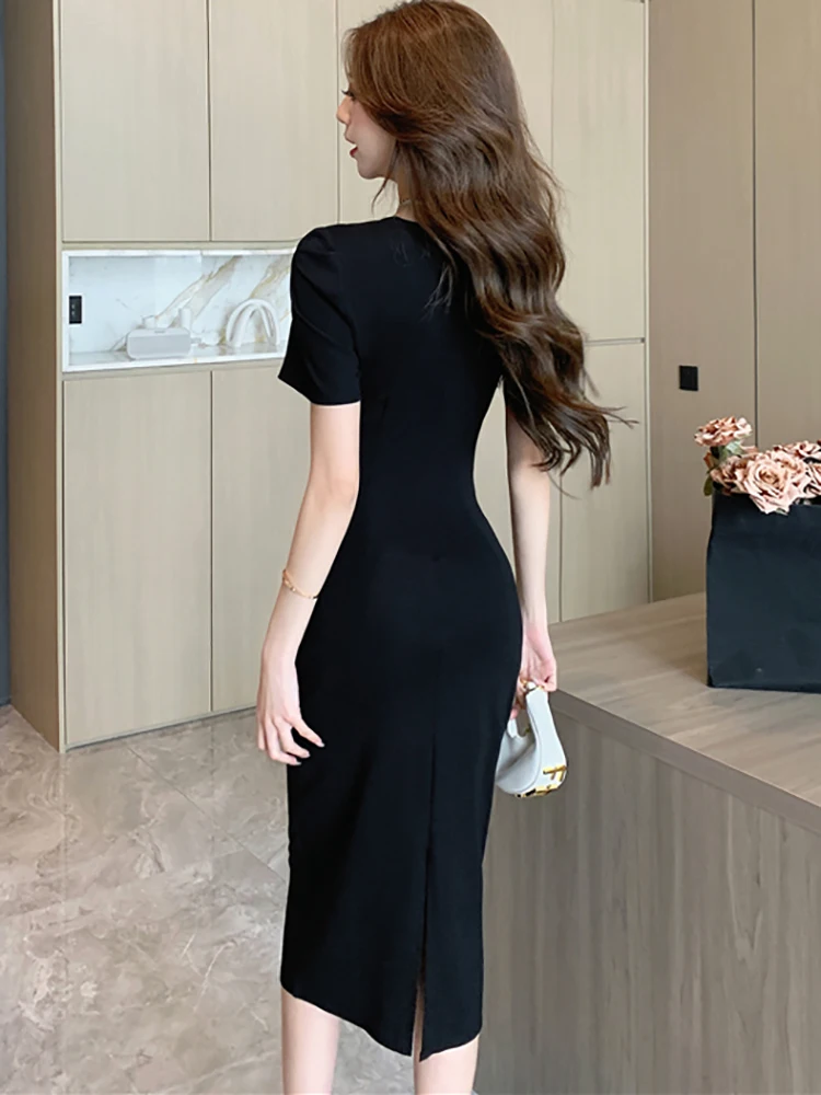 Summer Black Short Sleeve Square Collar Midi Dress Women Pleated Bodycon Home Dress 2024 Korean Vintage Hepburn Elegant Vestidos