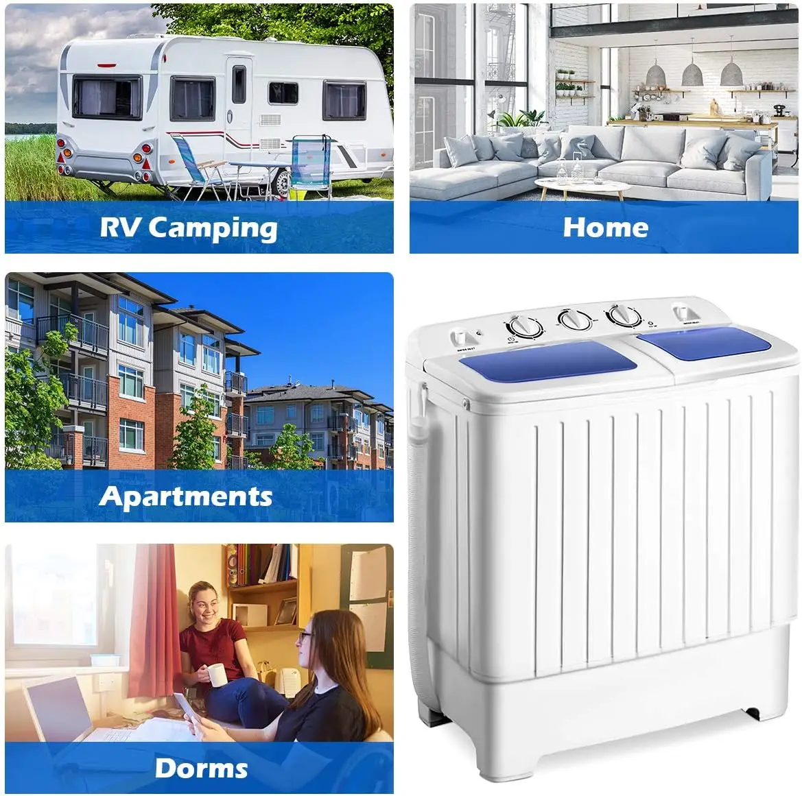 Portable Mini Compact Twin Tub Washing Machine 20lbs Washer Spain Spinner Portable Washing Machine, Blue+ White