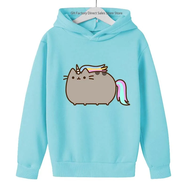 Girls Pusheen Cat Cute Print Spring Autumn Long Sleeved Hoodies 2-13 Years Kids Casual Outfits Sports Tops Children Gift Clothes