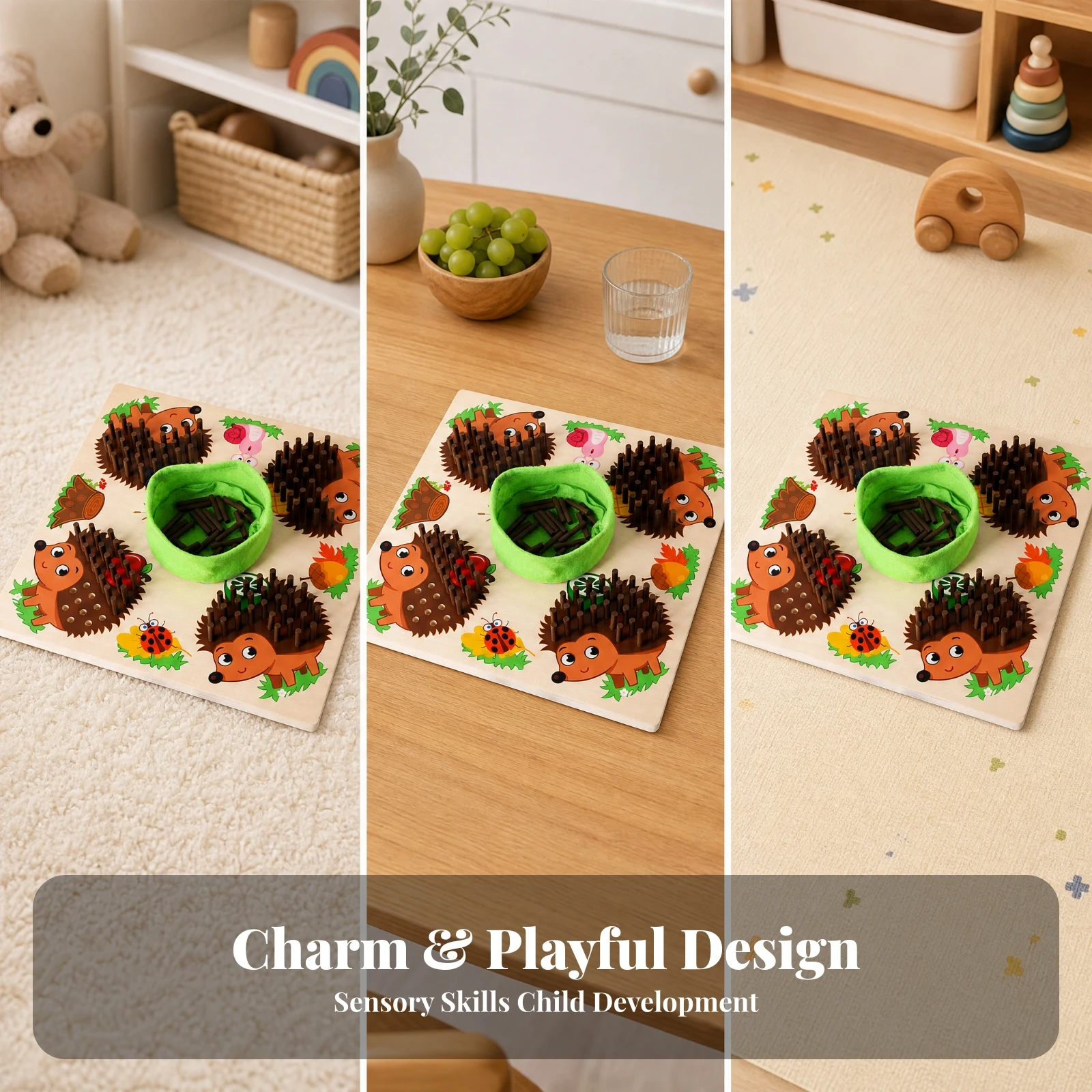 Hedgehog-Themed Educational Board Game Tactile Wooden Hedgehog Peg Board Game Screenno-Screen Brightly Colored for Preschoolers