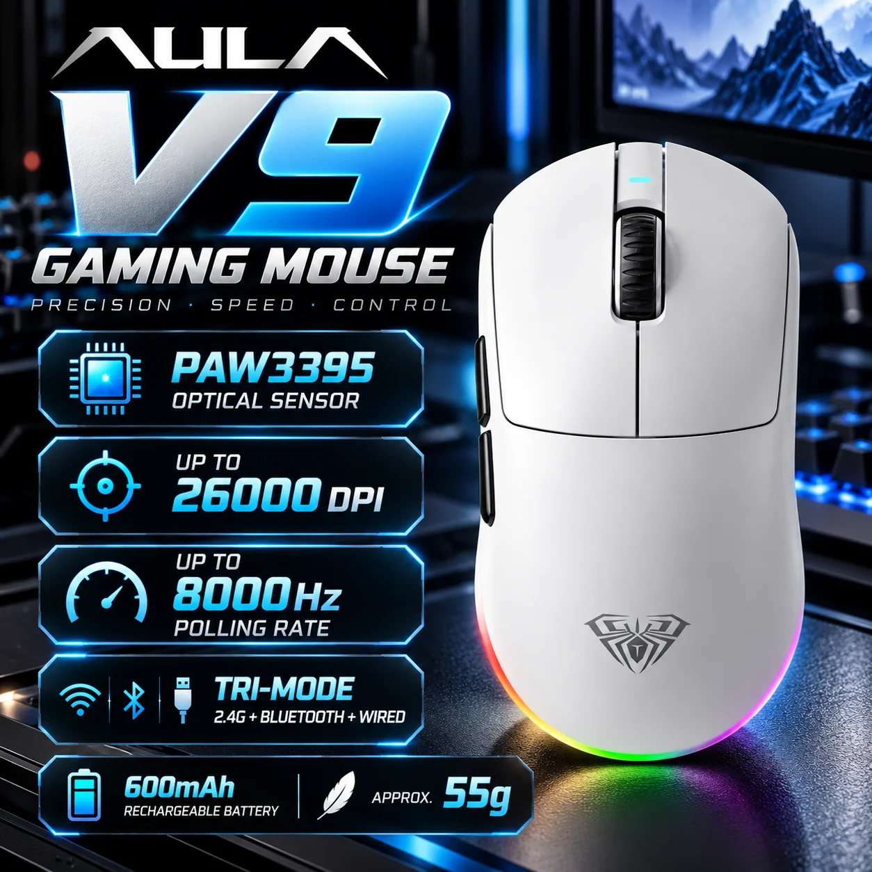 raton-inalambrico-para-juegos-aula-v9-con-tecnologia-de-triple-modo-sensor-paw3395-26000-dpi-8000-hz-55-g-ligero-bateria-de-600-mah-conector-tipo-c