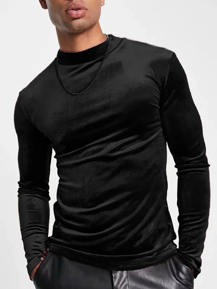 Round Neck Male Autumn Winter Pullovers Casual Streetwear Basic Long Sleeve Tops Men Solid Undershirt Warm Black Pleuche Tees