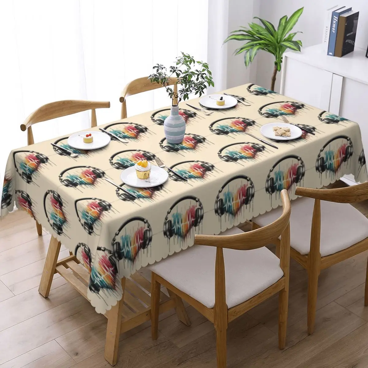 Heart Shaped Music Note With Headphones Tablecloth Restaurant Kitchen Rectangular Tablecloth Tablecloth Dining Table Cover