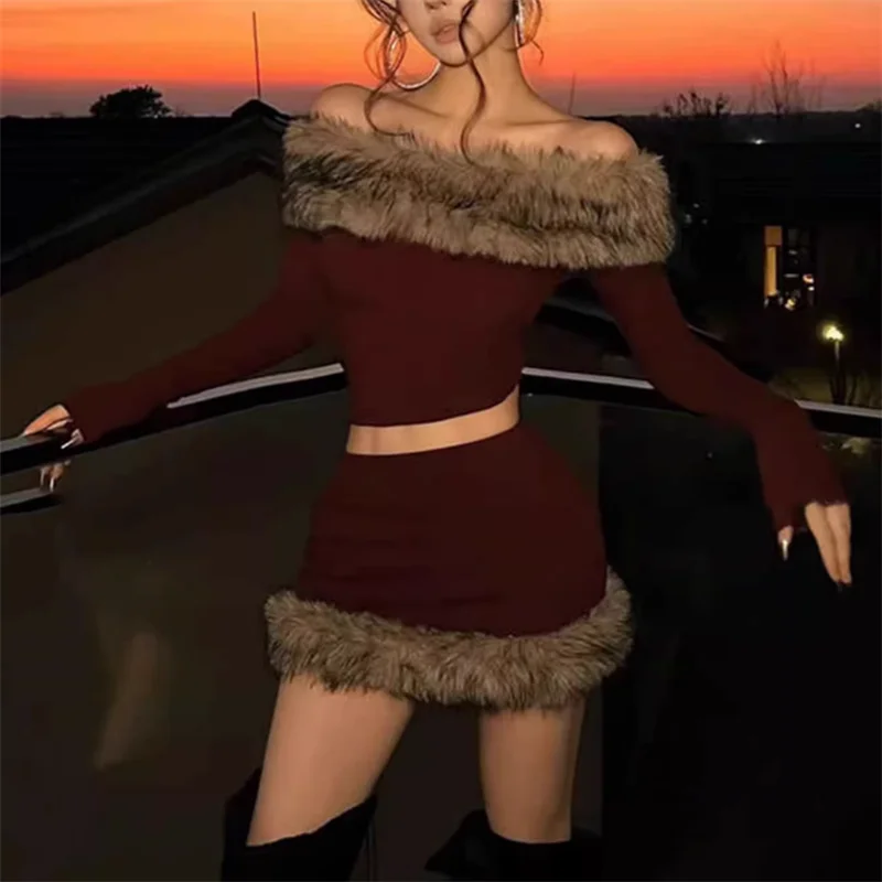 New Fall Winter Sexy Chic Girl 2 Pieces Sets Faux Fur Patchwork Slash Neck Long Sleeve Short Shirt Top&Pencil Mini Skirt Suits